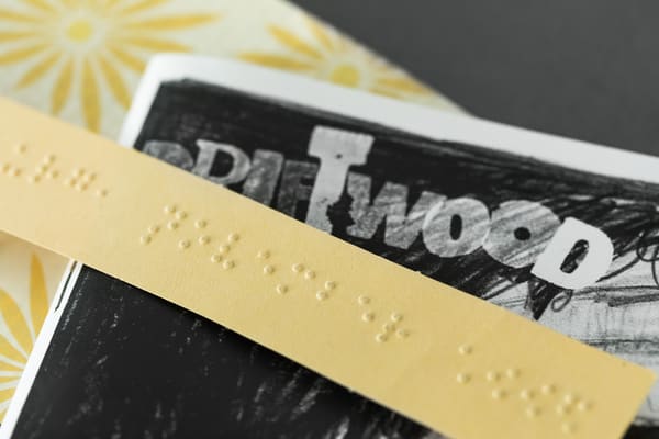 Foto: Details: ein Umschlag aus Tapete, das Logo, ein Kartonstreifen mit Blindenschrift.